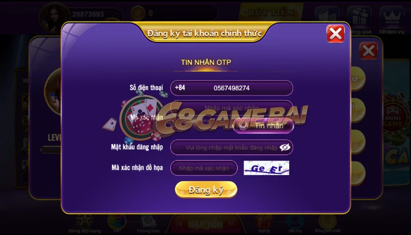 Bước 2: Điền dữ liệu đăng ký 68 game bài