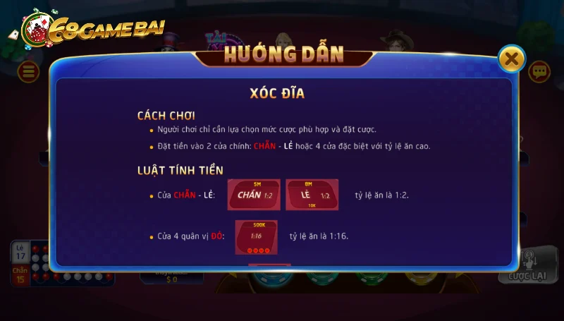 Quy tắc chơi xóc đĩa 68 game bài